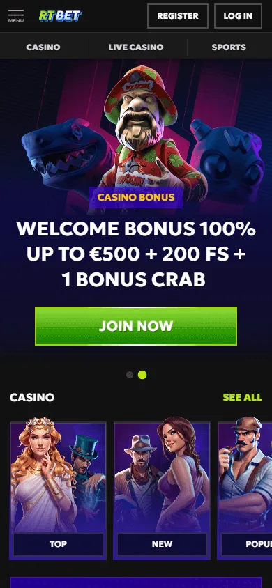 Rtbet Casino home experience on mobile